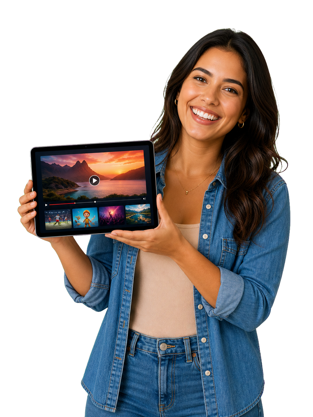 Pessoa sorrindo e mostrando o Multi TV em um tablet